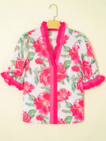 Floral Frilled V Neck Short Sleeve Blouse