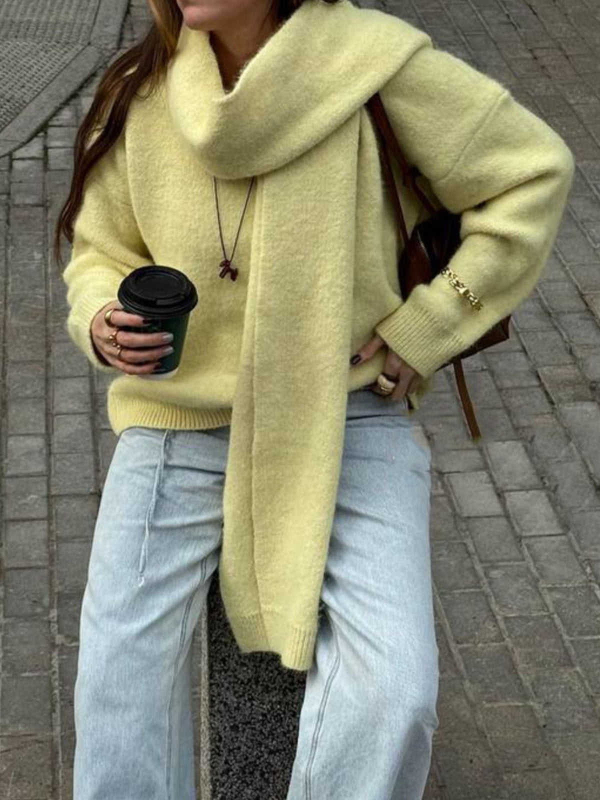 Oversized V-Neck Dropped Shoulder Sweater with Scarf