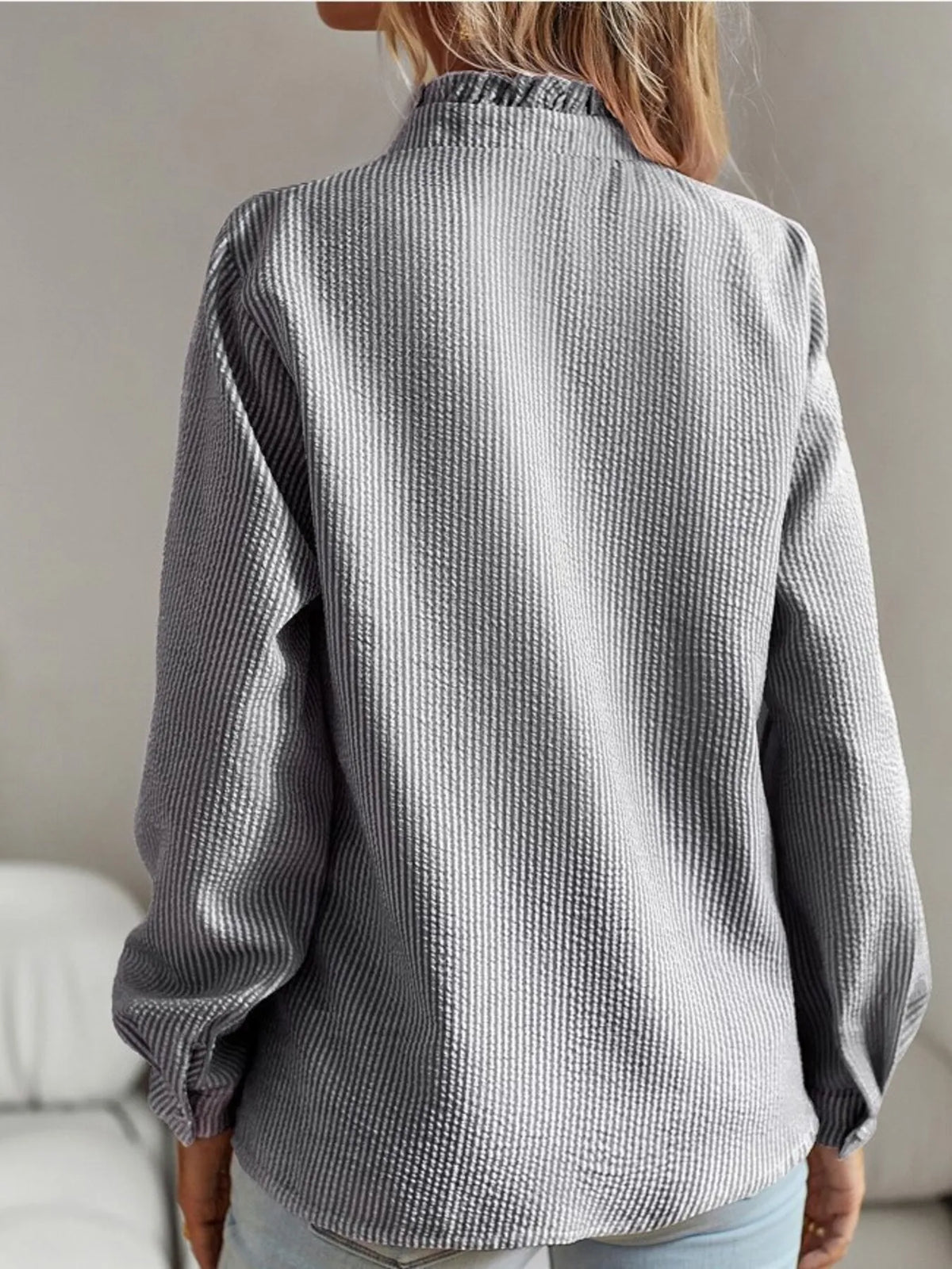 Striped Ruffle Detail Button-Up Blouse - Ladyez