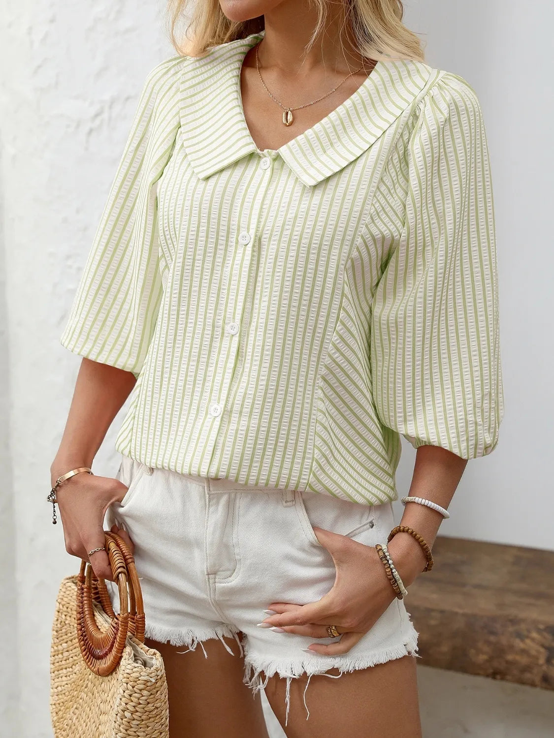 Striped Button Down 3/4 Sleeve Shirt