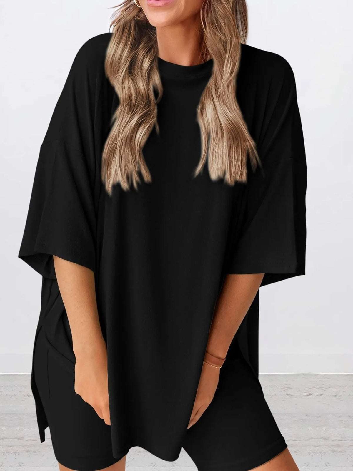 Full Size Oversized Slit Round Neck Top and Shorts Lounge Set Plus Size - Ladyez