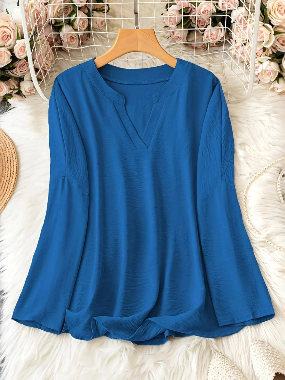 Notched Long Sleeve Casual Blouse - Ladyez