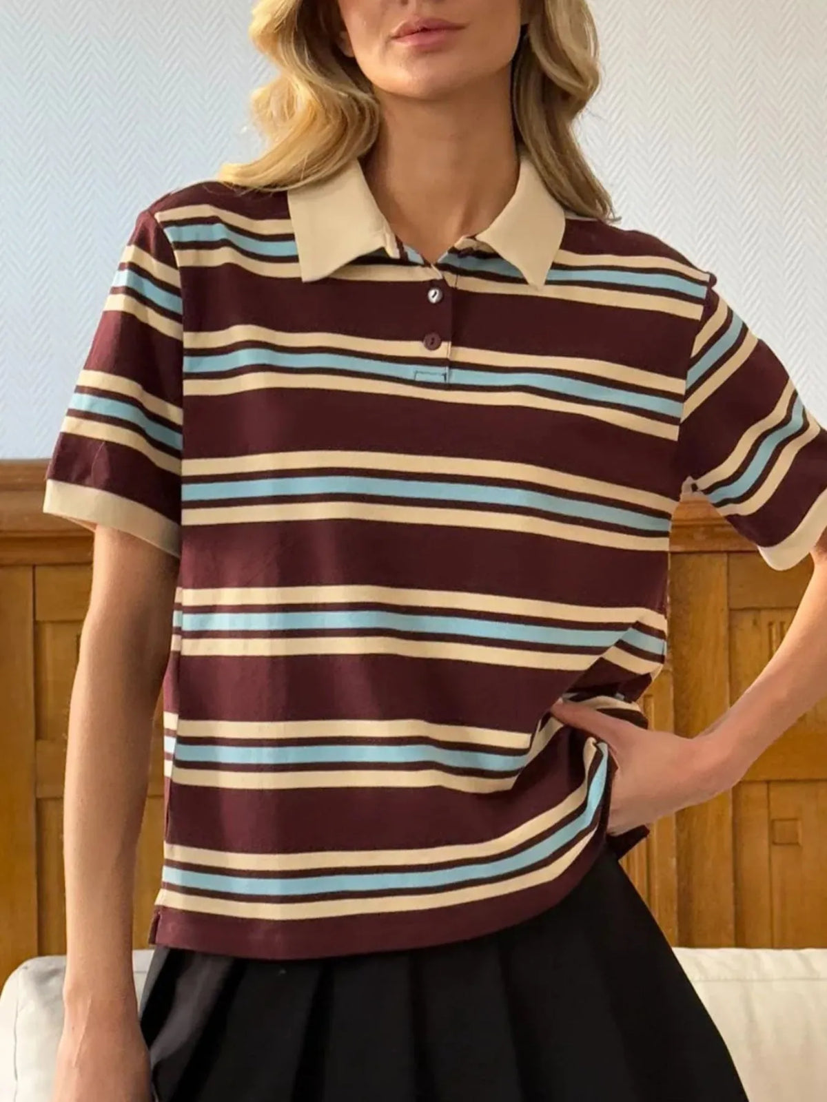 Striped Polo T-Shirt with Contrast Collar - Ladyez