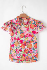 Lace Trim Ruffle Cap Sleeve Floral Blouse
