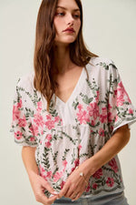 SO ME Floral Embroidered V Neck Boho Blouse Top