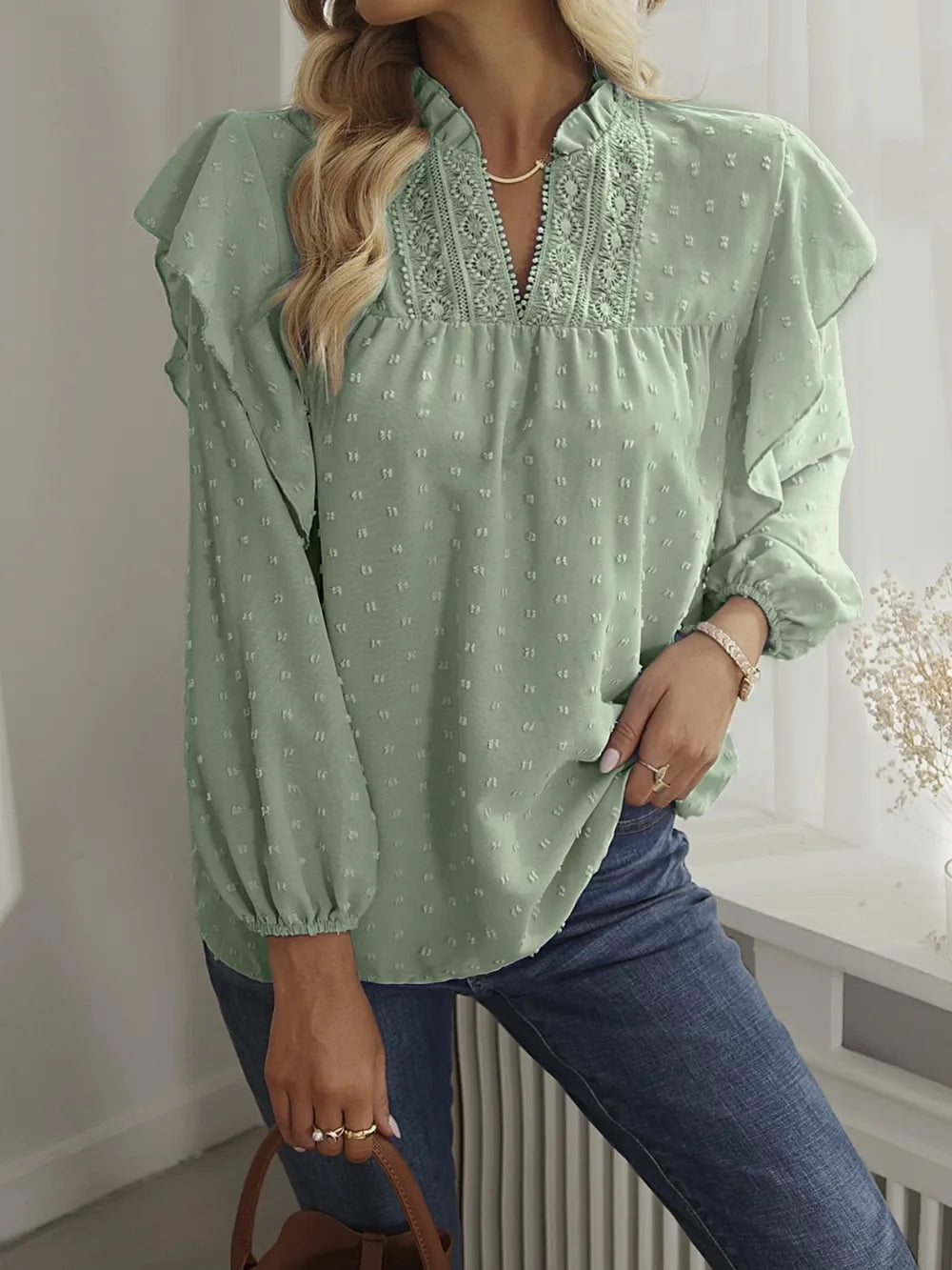 Swiss Dot Ruffled Long Sleeve Blouse