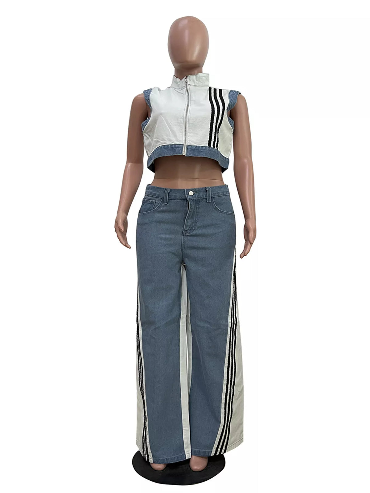 Zip Front Crop Top and Striped Pants Set