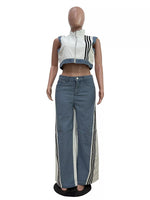 Zip Front Crop Top and Striped Pants Set