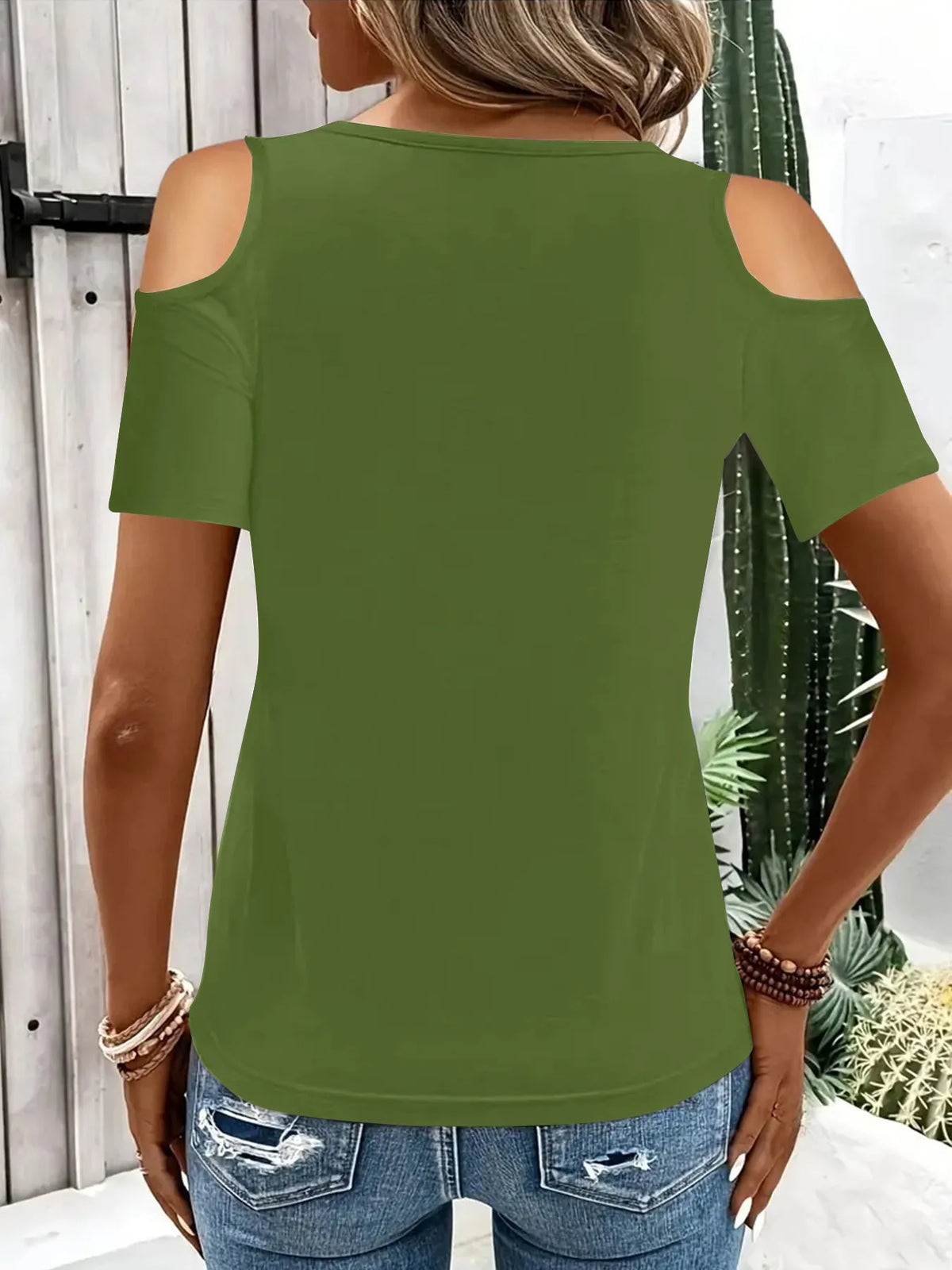Cold Shoulder T-Shirt with Metal Ring Detail - Ladyez