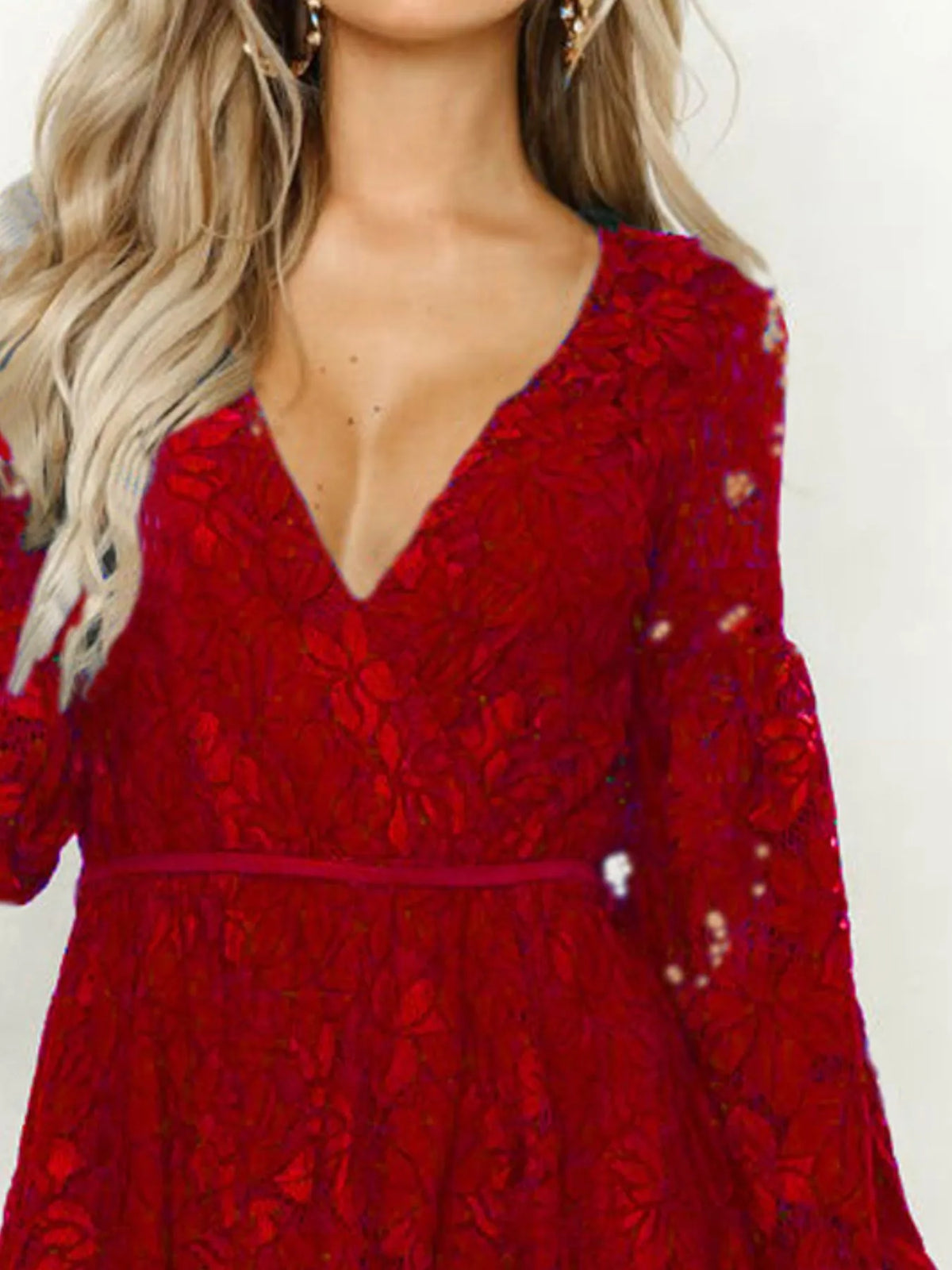 Lace V-Neck Long Sleeve Mini Dress - Ladyez