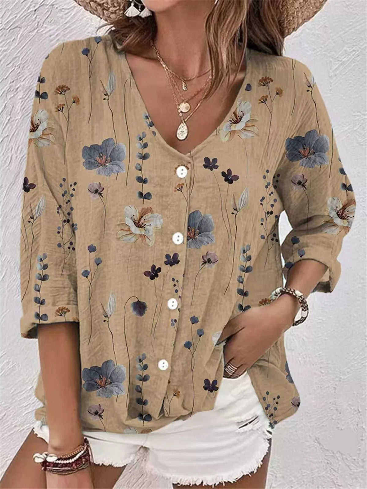 Floral Print V-Neck Button-Down Shirt