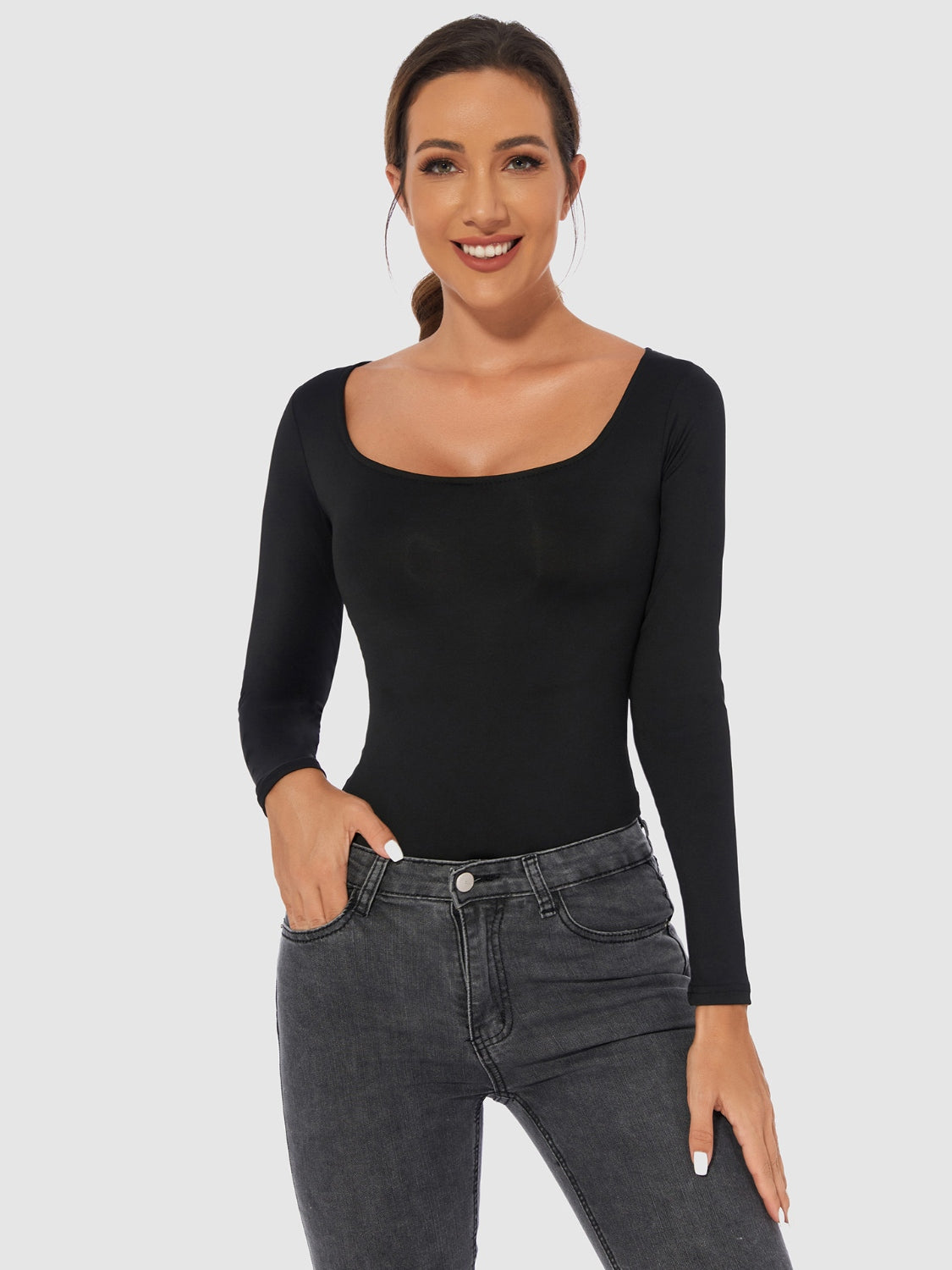 Full Size Scoop Neck Long Sleeve Bodysuit - Ladyez