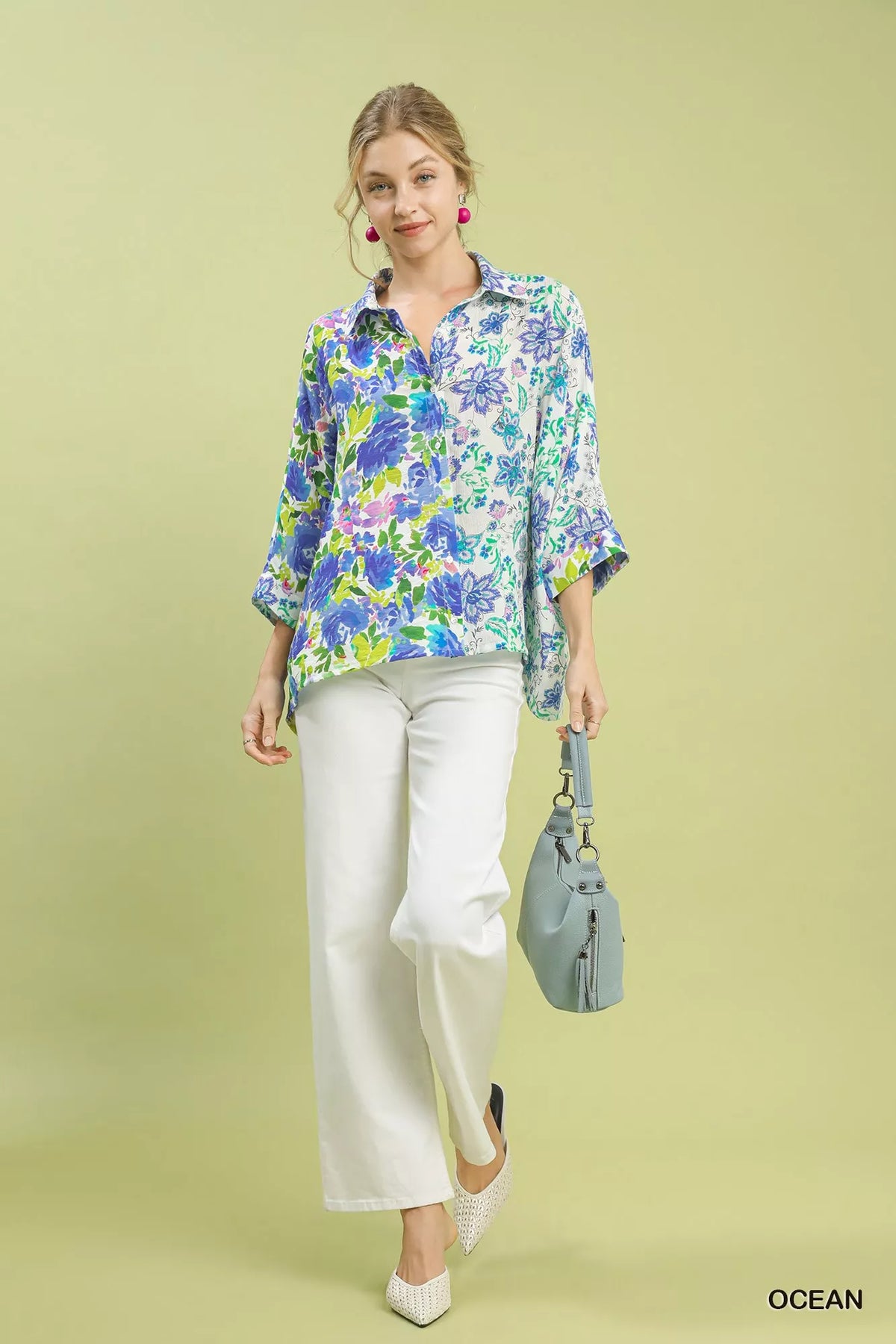 Umgee Mixed Floral Oversized Button Down Shirt