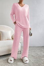 Ribbed V-Neck Top and Pants Lounge Set - Ladyez