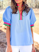 Contrast Trim Notched Short Sleeve Blouse