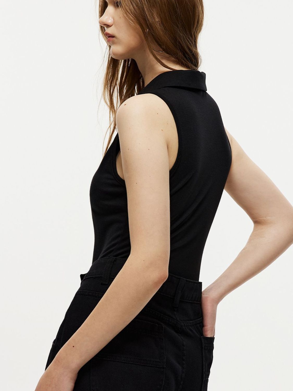 Quarter Zip Collared Neck Sleeveless Bodysuit - Ladyez
