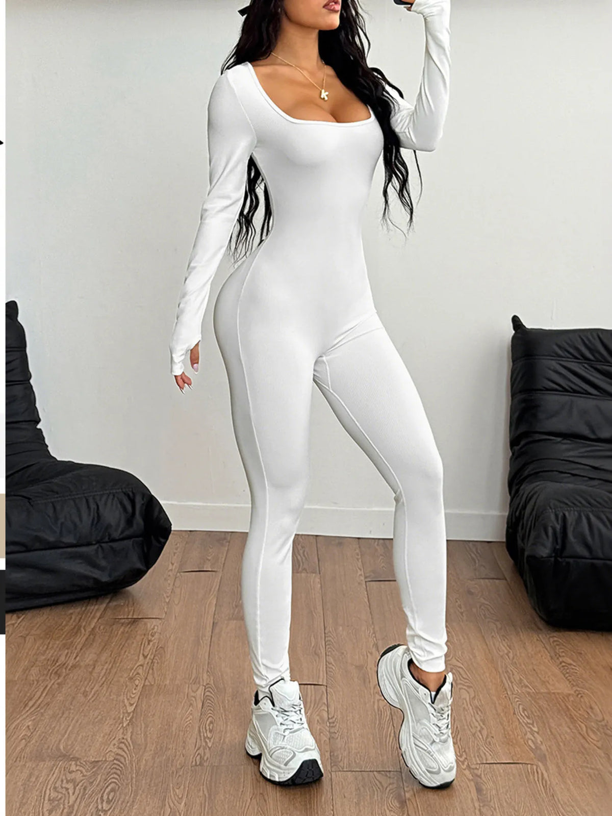 Square Neck Long Sleeve Active Jumpsuit - Ladyez
