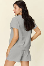 Double Take Full Size Texture Short Sleeve T-Shirt and Drawstring Shorts Set - Ladyez