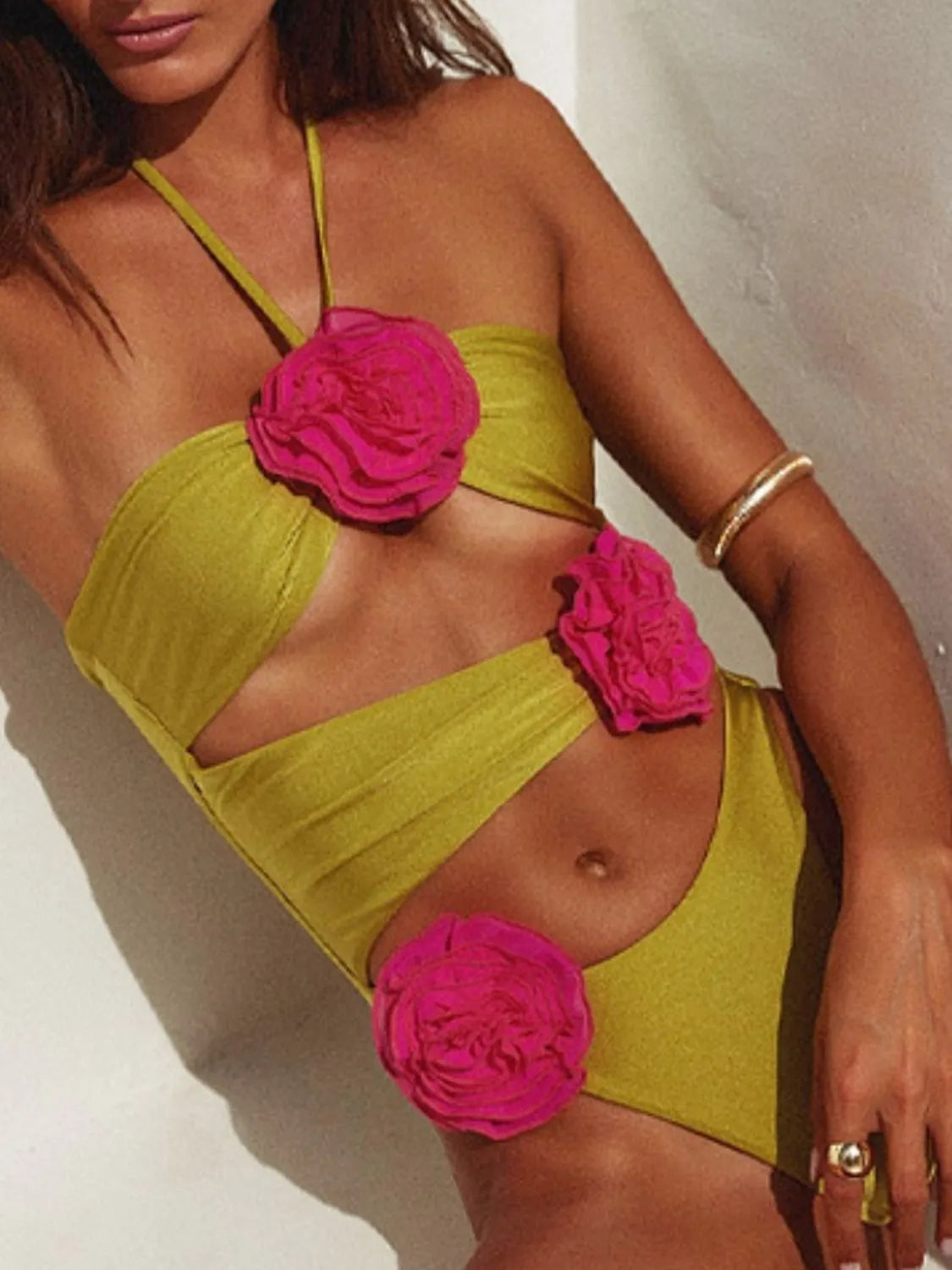 Flower Cutout Halter Neck One-Piece Swimwear - Ladyez