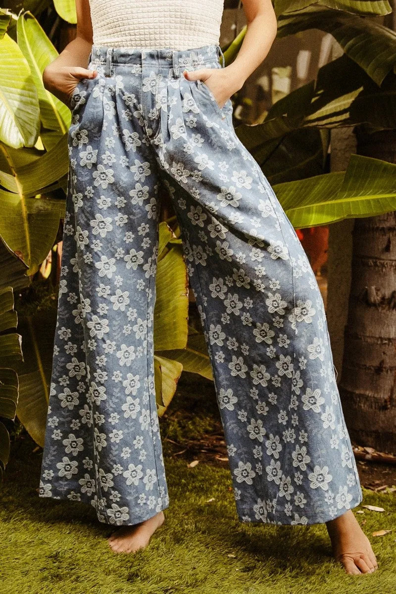 BiBi Floral Texture Wide Leg Jeans - Ladyez