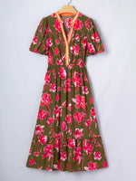 Floral Print Split Neck Short Puff Sleeve Ruffle Hem Dress
