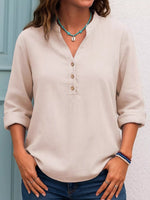 Full Size Button Detail Notched Long Sleeve Blouse Plus Size