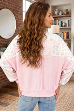 Twisted Ribbed Trim Floral Print Patchwork Long Sleeve Top