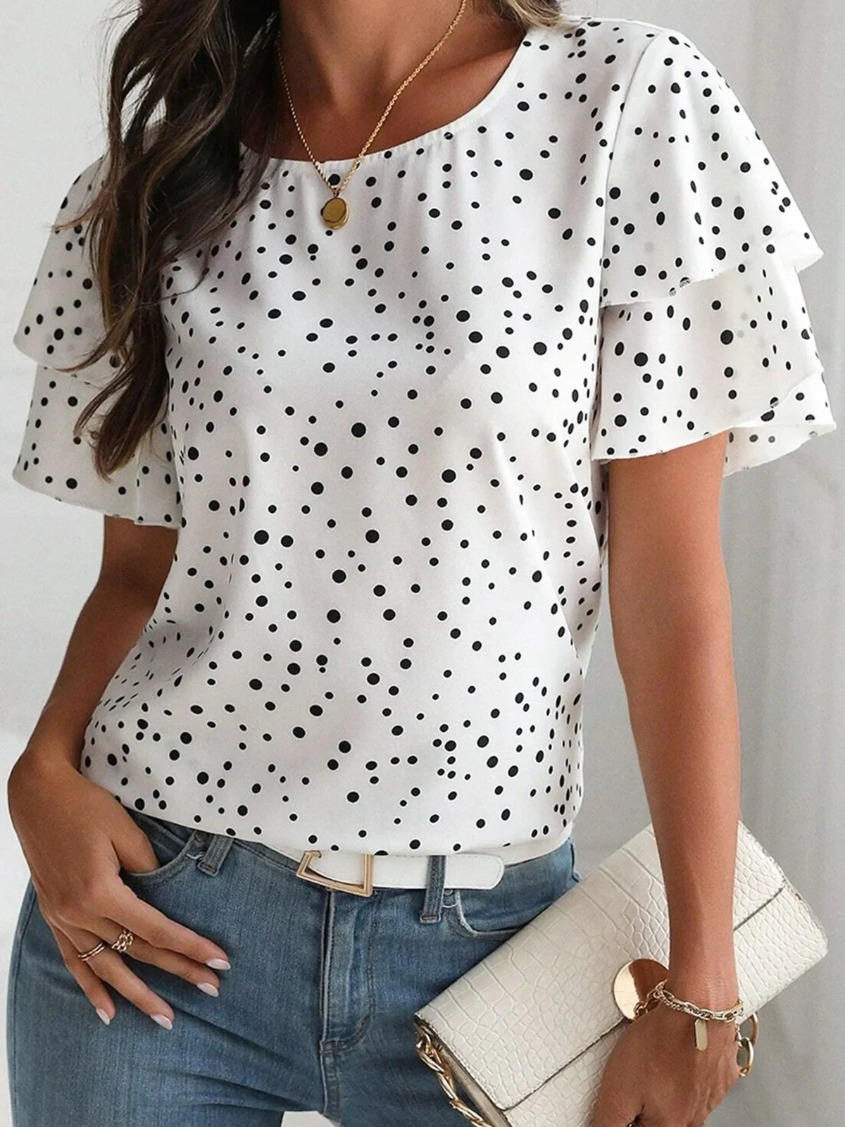 Polka Dot Layered Ruffled Short Sleeve Blouse