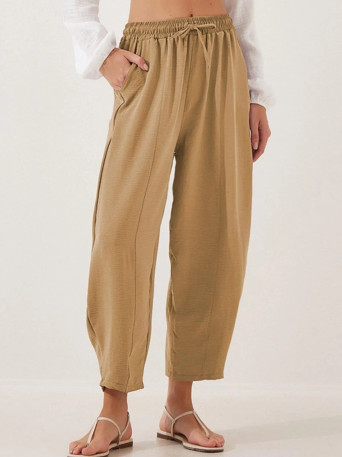 Full Size Drawstring Wide Leg Cropped Pants Plus Size