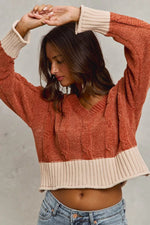 SO ME Chenille Cable Knit V Neck Contrast Cropped Sweater