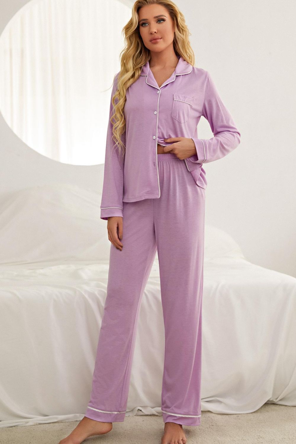 Contrast Piping Button Down Top and Pants Loungewear Set - Ladyez