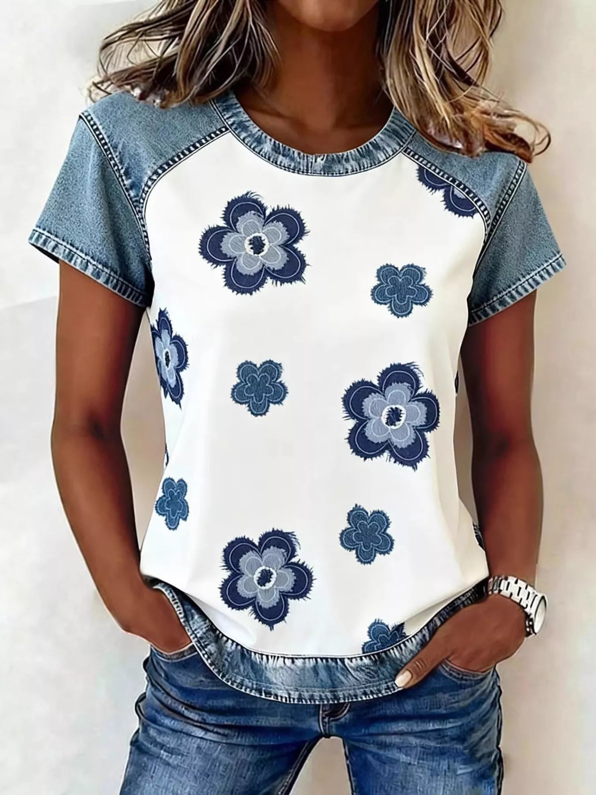 Denim Patchwork Short Sleeve Blouse