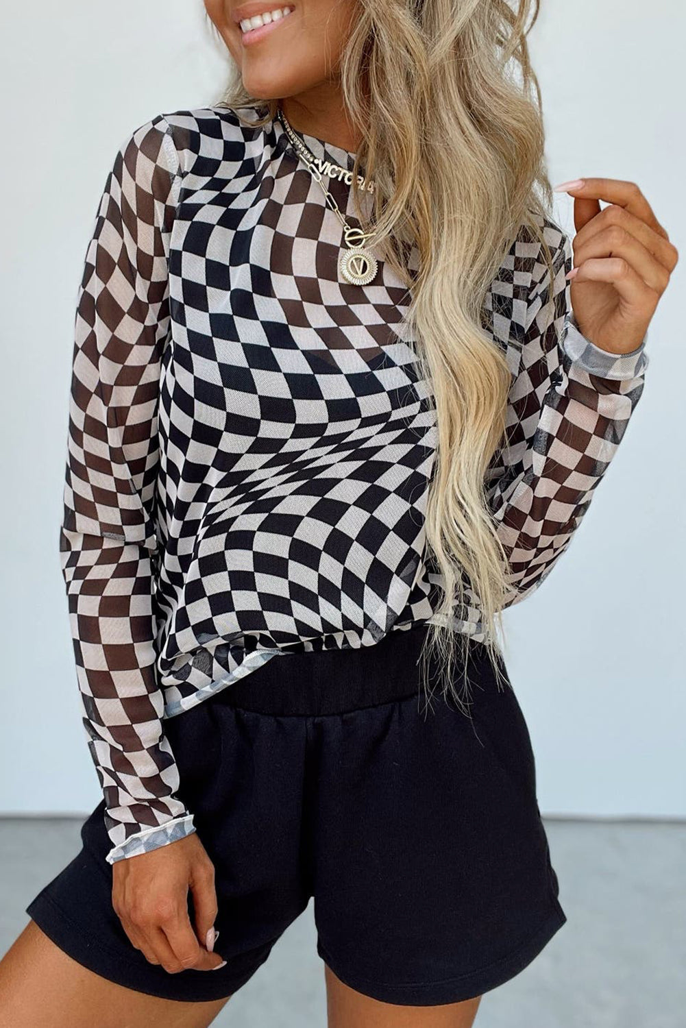 Checkered Mock Neck Long Sleeve Blouse - Ladyez