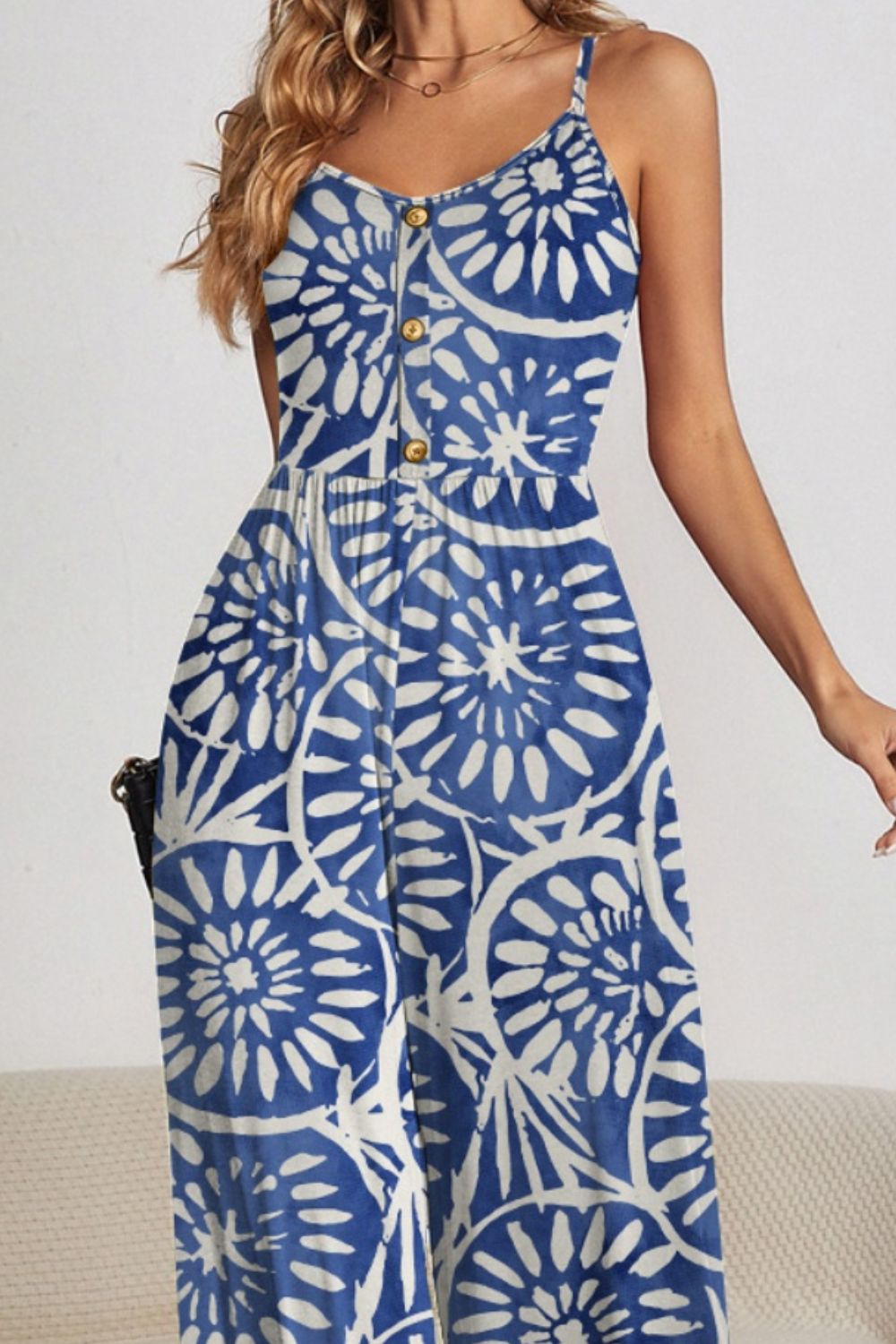 FAM-FAM Decorative Button Spaghetti Strap Wide Leg Jumpsuit - Ladyez