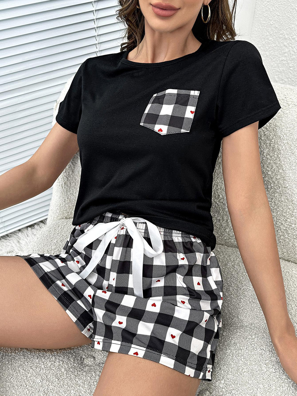 Plaid Heart Top and Shorts Lounge Set - Ladyez