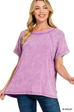 Zenana Washed Ribbed Cuffed Short Sleeve Round Neck Top