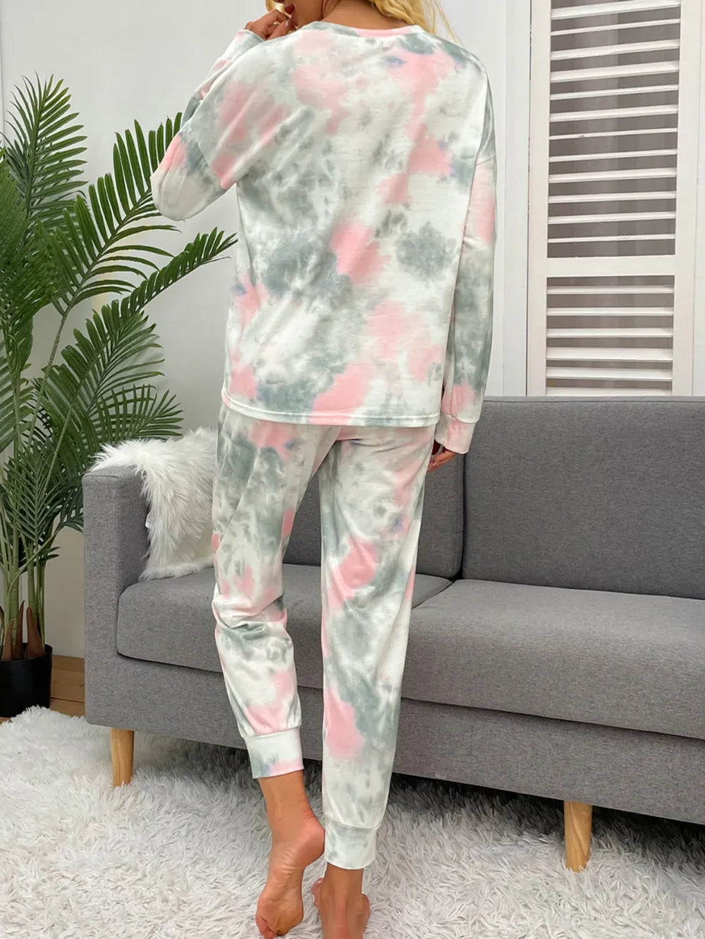 Shiny Tie-Dye Round Neck Top and Drawstring Pants Lounge Set - Ladyez