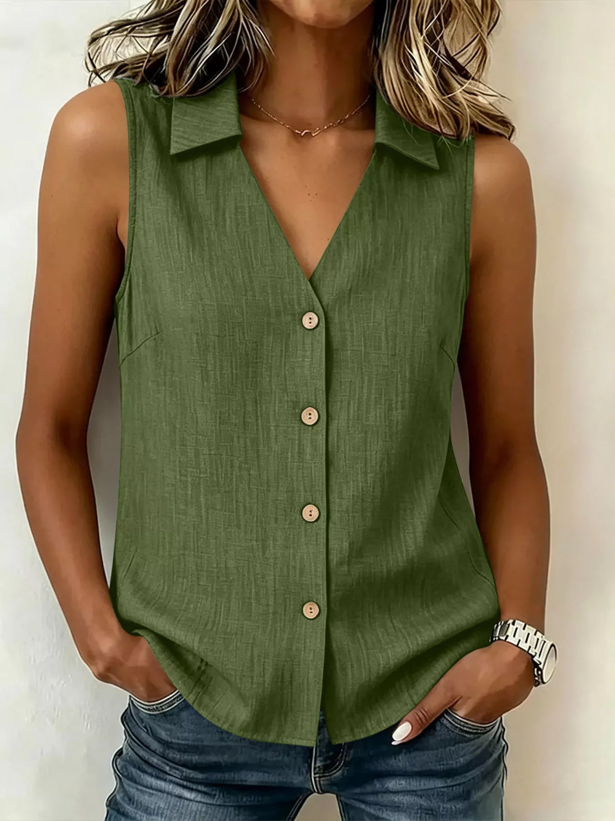 Full Size Button-Up Collared Neck Sleeveless Top Plus Size