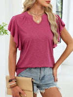 Ruffle Sleeve Notched T-Shirt