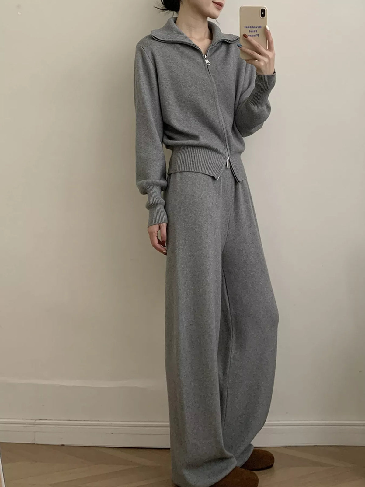 Zip Up Outerwear and Wide Leg Pants Set