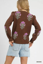 Umgee Single Flower Stem Jacquard Sweater