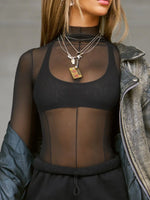 Mock Neck Long Sleeve Sheer Top - Ladyez