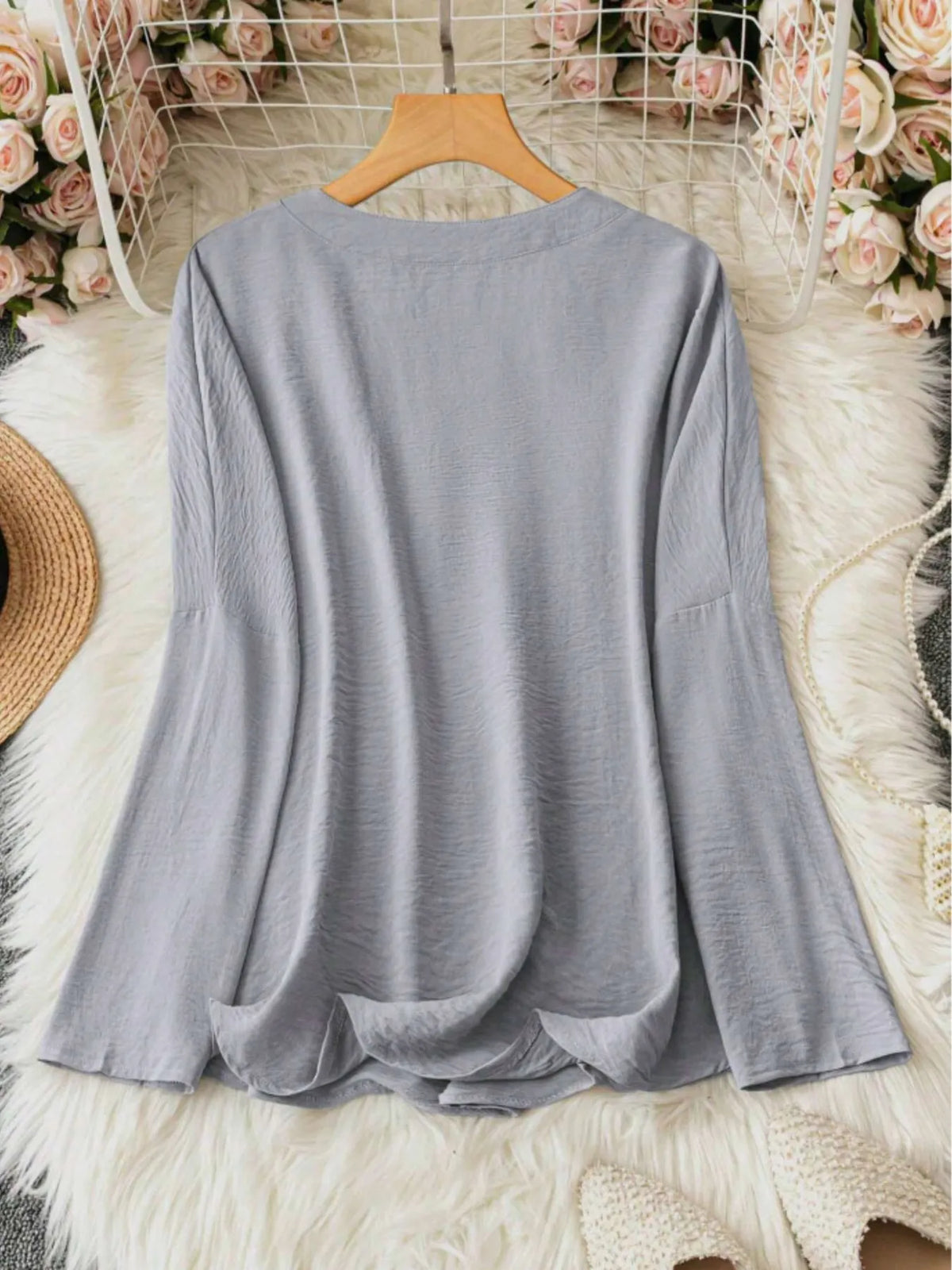 Notched Long Sleeve Casual Blouse - Ladyez