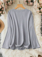Notched Long Sleeve Casual Blouse - Ladyez
