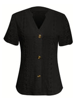 Openwork Notched Short Sleeve Top
