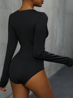 Perfee Lace Detail Plunge Long Sleeve Bodysuit - Ladyez