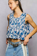 POL Floral Round Neck Cropped Pintuck Tank