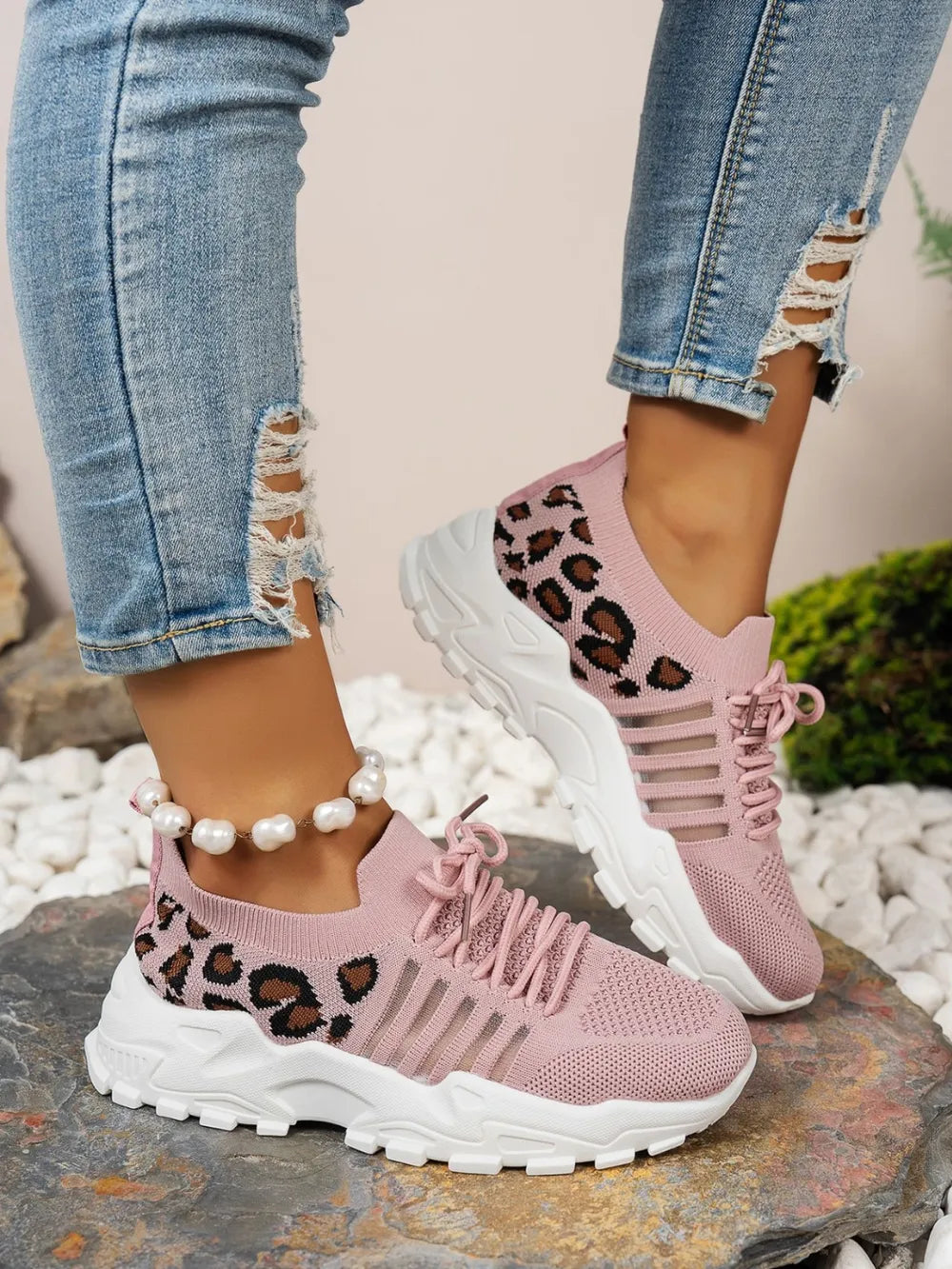 Cutout Leopard Lace Up Mesh Athletic - Ladyez