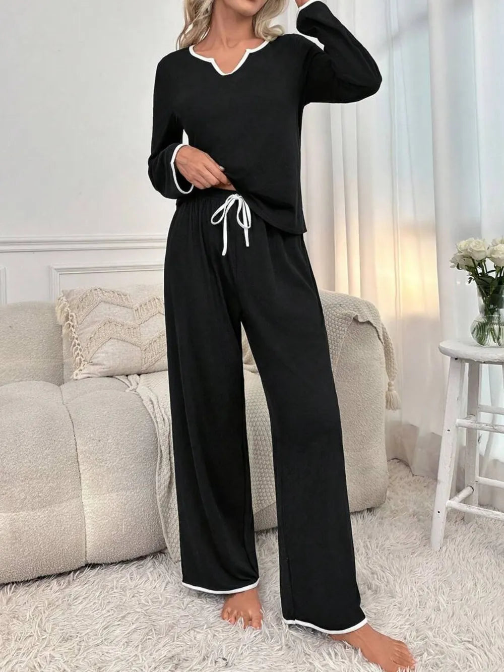 Contrast Trim Notched Long Sleeve Top and Pants Lounge Set - Ladyez