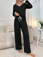 Contrast Trim Notched Long Sleeve Top and Pants Lounge Set - Ladyez